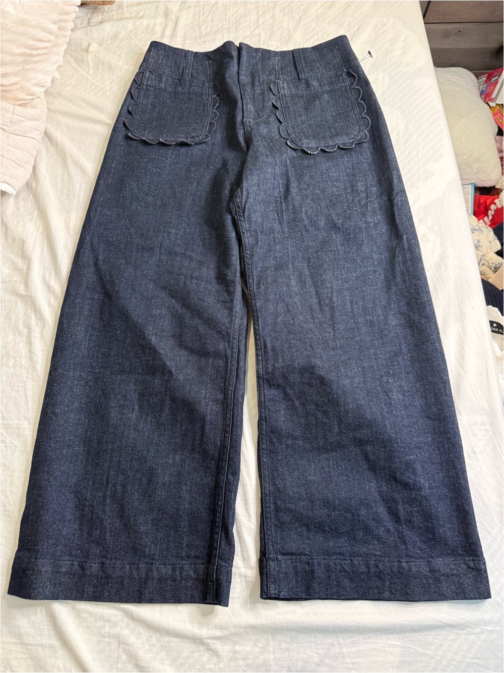 Wide-Leg Maeve Denim Pants with Scalloped Back Pockets - Navy Blue